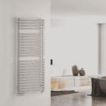 Grzejnik drabinkowy ENIX Aster w kolorze szarym w jasnej, przestronnej łazience