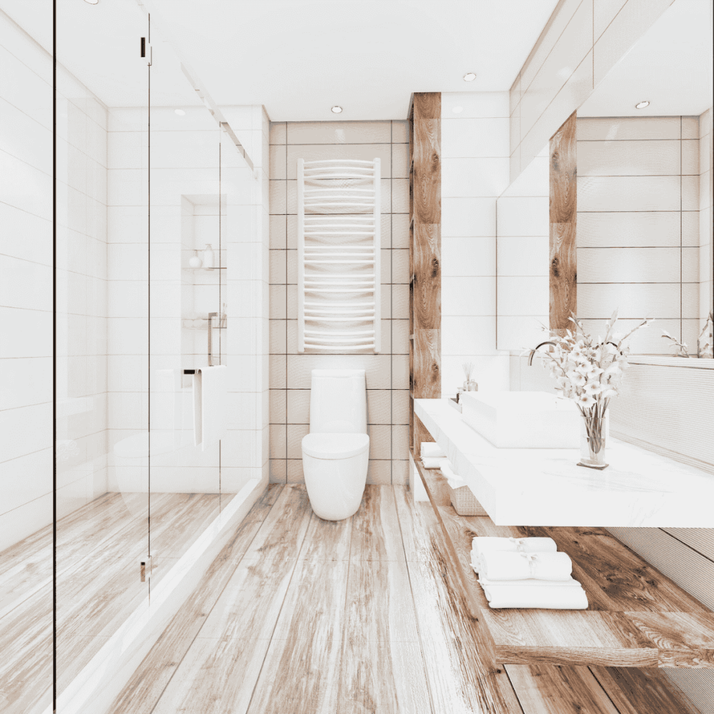 Grzejnik ENIX DT w kolorze białym w jasnej łazience