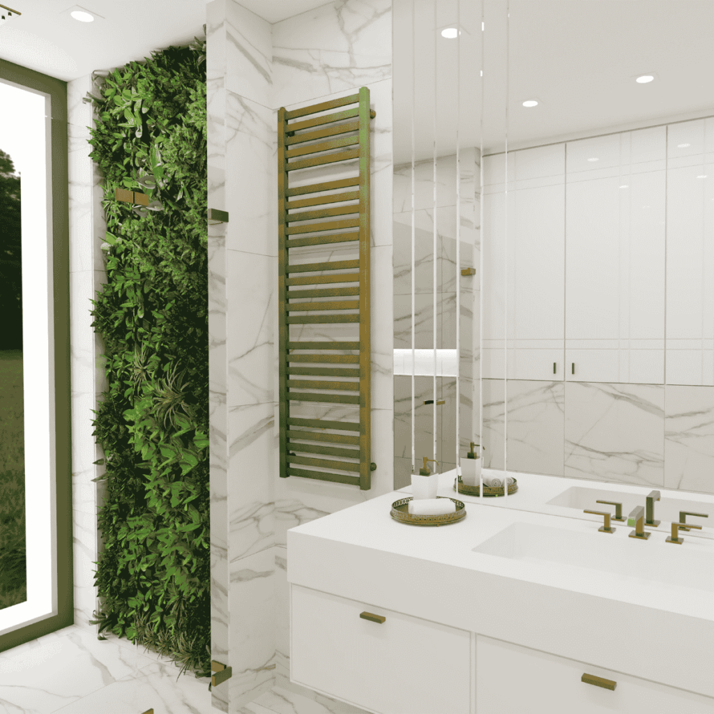 Nowoczesny grzejnik łazienkowy ENIX Hibiscus w kolorze złotym w eleganckiej łazience