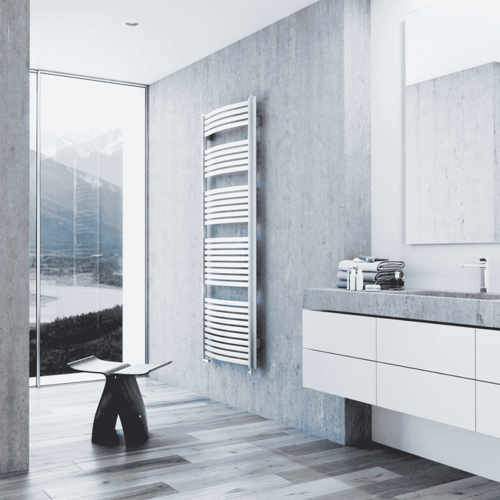 Grzejnik ENIX Loko w kolorze szarym w minimalistycznej łazience