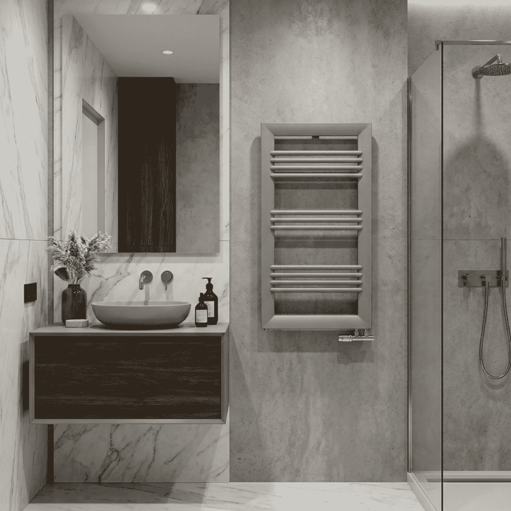 Grzejnik ENIX Rama w kolorze szarym w nowoczesnej łazience