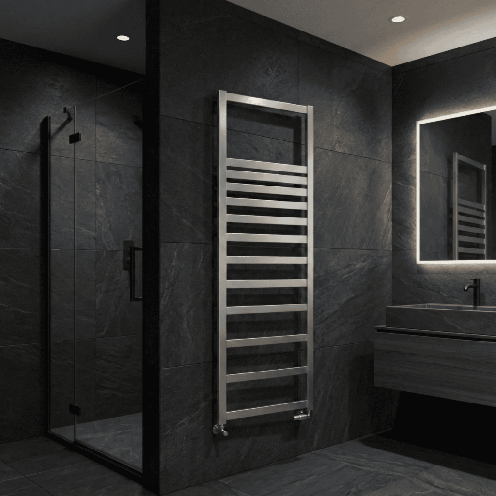 Revo_vis2_1200x1200 Designerski grzejnik ENIX Revo w kolorze srebrnym w ciemnej łazience