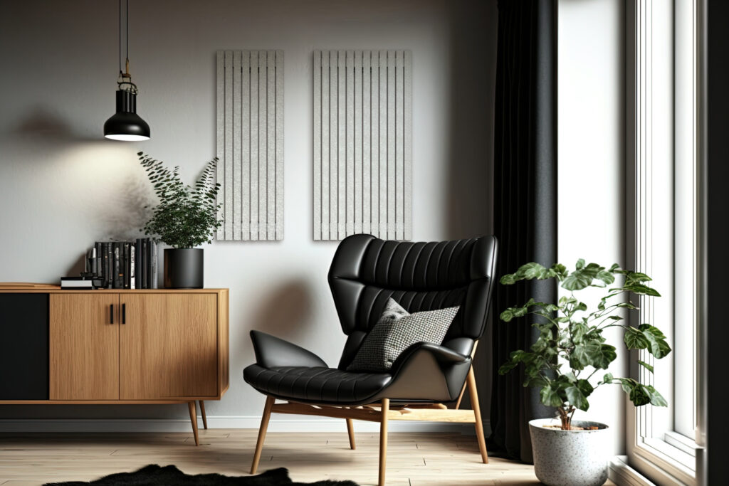 Grzejnik dekoracyjny Santos w brązowym kolorze, aranżacja biura. Bestseller ENIX.