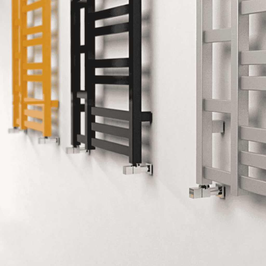 Grzejniki ENIX Tales w kolorze ż&oacute;ltym, czarnym i szarym - ekspozycja