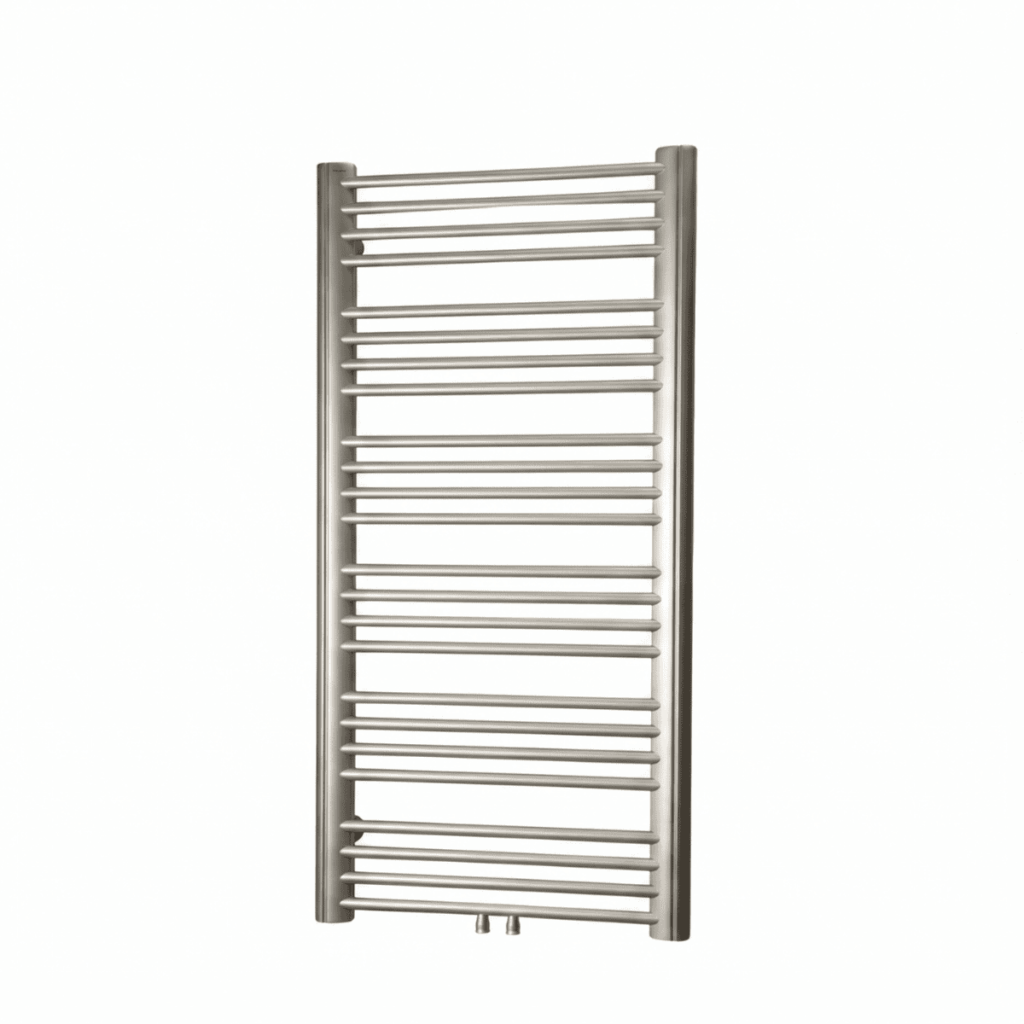 Grzejnik łazienkowy ENIX Tango w kolorze srebrnym z widocznym podłączeniem środkowym