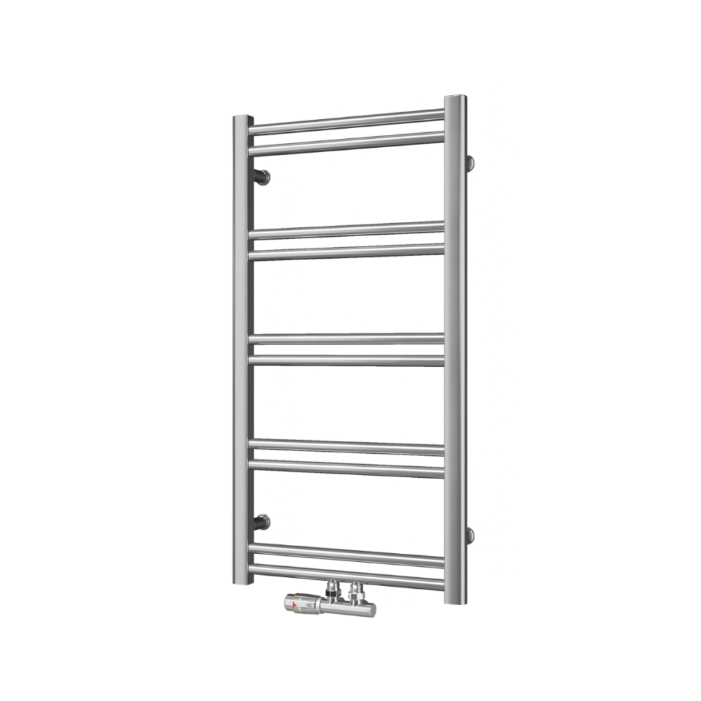 Nowoczesny grzejnik łazienkowy ENIX Uno w kolorze srebrnym z zaworem