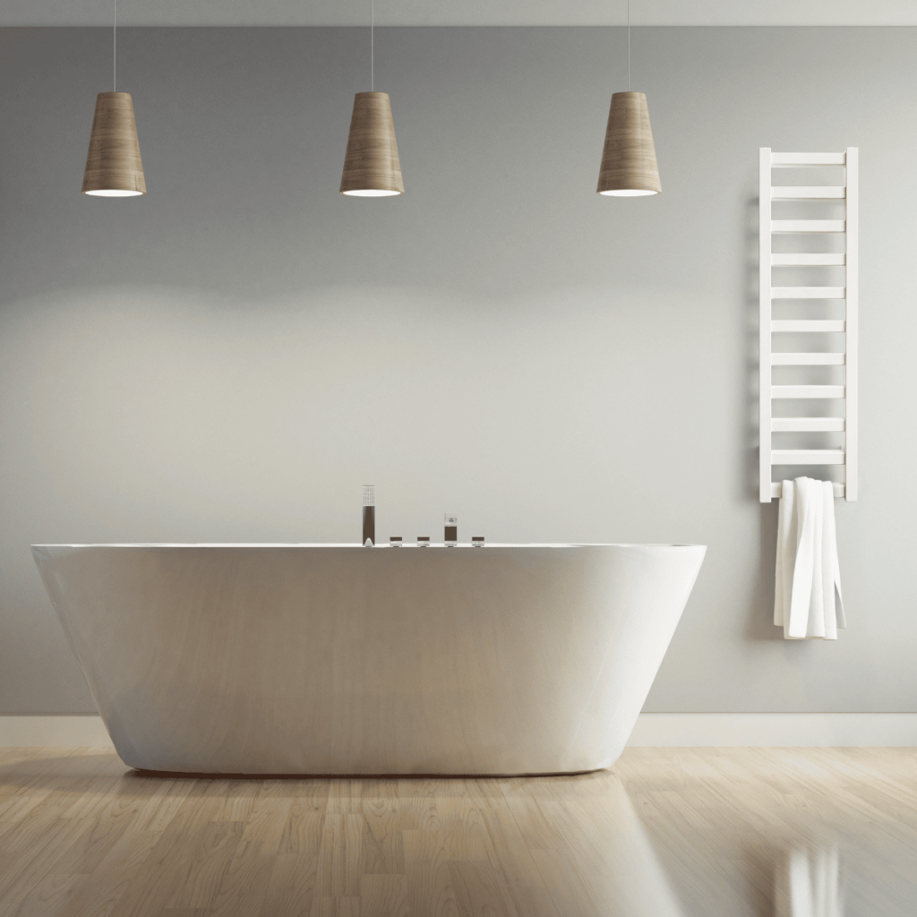 Wąski grzejnik łazienkowy ENIX Ginger w kolorze białym w łazience w stylu skandynawskim